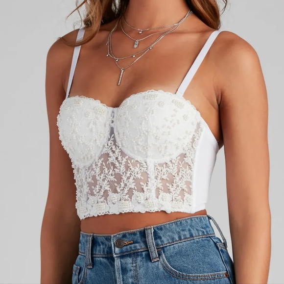 Windsor Tops - Windsor Pretty in Pearls ivory hand beaded bustier crop top